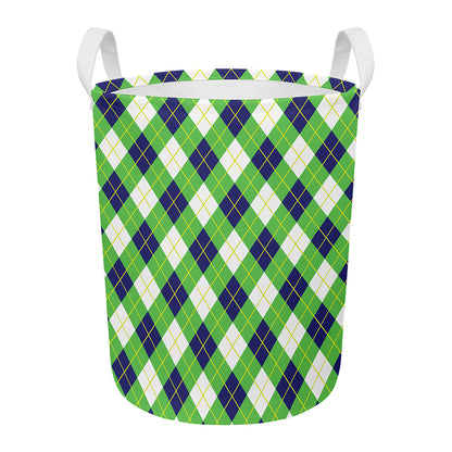 Green Navy And White Argyle Print Round Laundry Basket