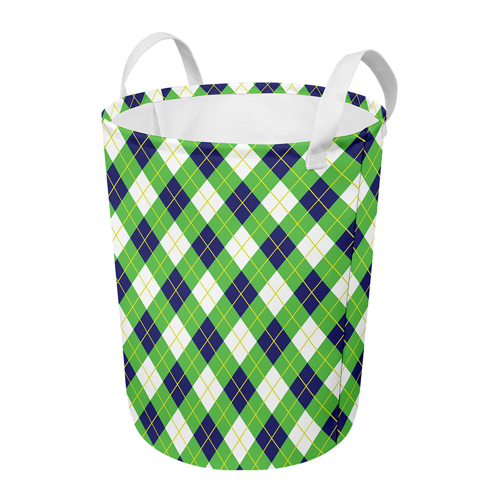 Green Navy And White Argyle Print Round Laundry Basket