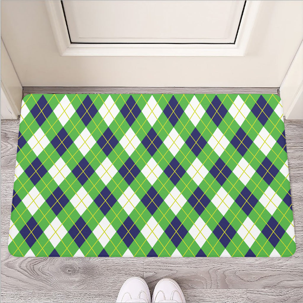 Green Navy And White Argyle Print Rubber Doormat