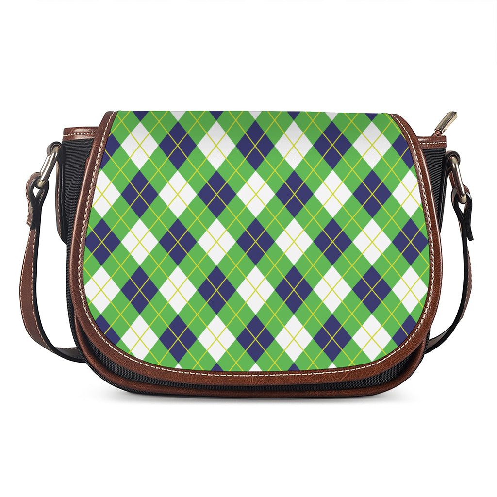 Green Navy And White Argyle Print Saddle Bag