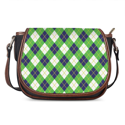 Green Navy And White Argyle Print Saddle Bag