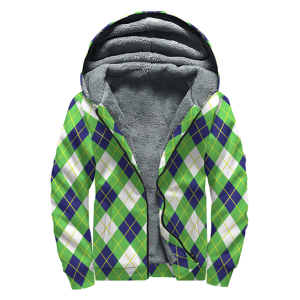 Green Navy And White Argyle Print Sherpa Lined Zip Up Hoodie
