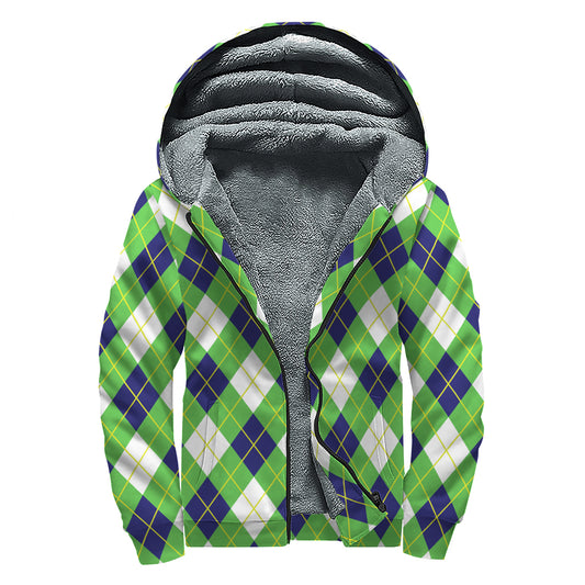 Green Navy And White Argyle Print Sherpa Lined Zip Up Hoodie