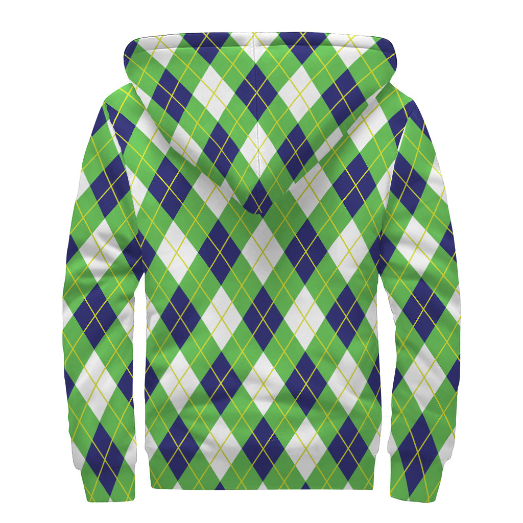 Green Navy And White Argyle Print Sherpa Lined Zip Up Hoodie
