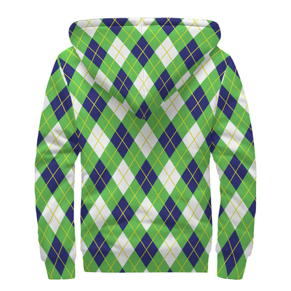Green Navy And White Argyle Print Sherpa Lined Zip Up Hoodie