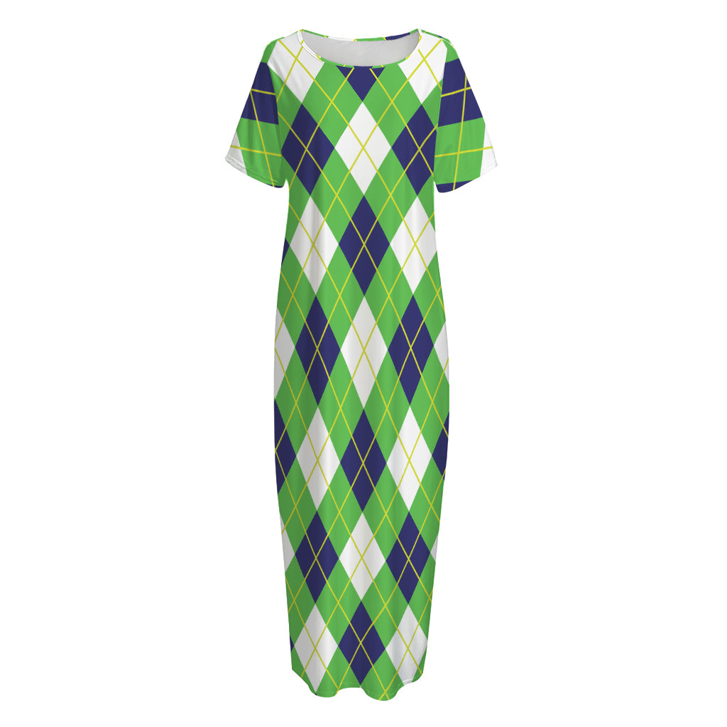 Green Navy And White Argyle Print Short Sleeve Long Nightdress