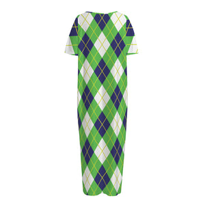 Green Navy And White Argyle Print Short Sleeve Long Nightdress