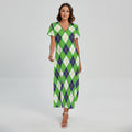 Green Navy And White Argyle Print Short Sleeve Maxi Dress