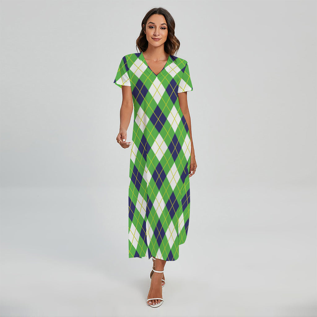 Green Navy And White Argyle Print Short Sleeve Maxi Dress