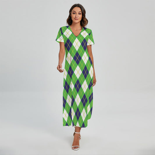 Green Navy And White Argyle Print Short Sleeve Maxi Dress