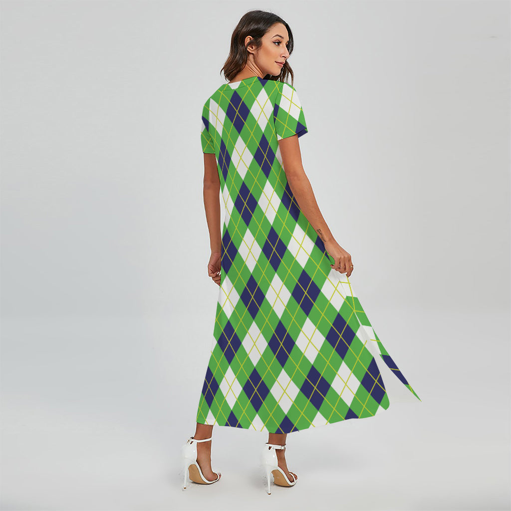 Green Navy And White Argyle Print Short Sleeve Maxi Dress