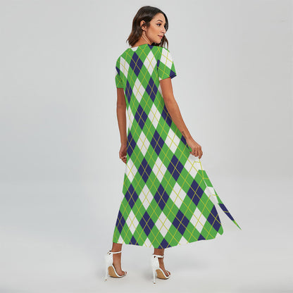 Green Navy And White Argyle Print Short Sleeve Maxi Dress