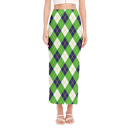 Green Navy And White Argyle Print Side Slit Maxi Skirt