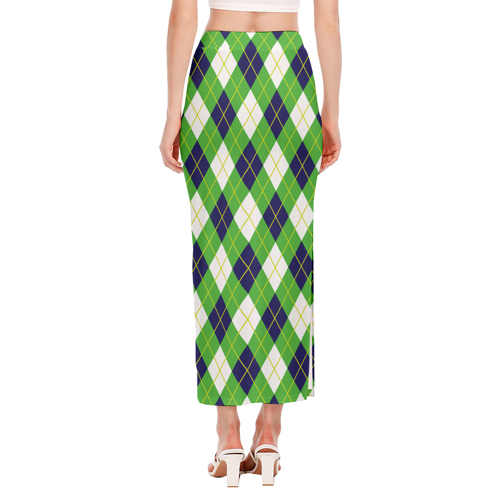 Green Navy And White Argyle Print Side Slit Maxi Skirt
