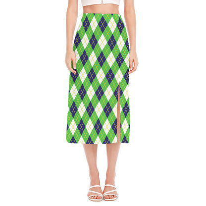 Green Navy And White Argyle Print Side Slit Midi Skirt