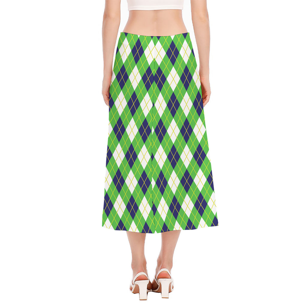 Green Navy And White Argyle Print Side Slit Midi Skirt