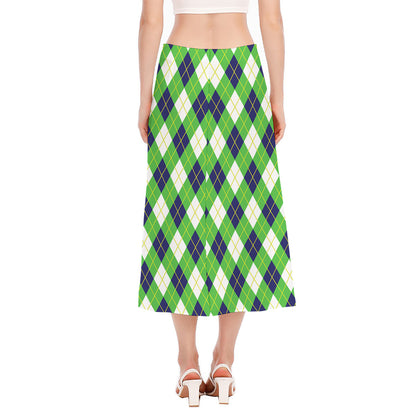 Green Navy And White Argyle Print Side Slit Midi Skirt
