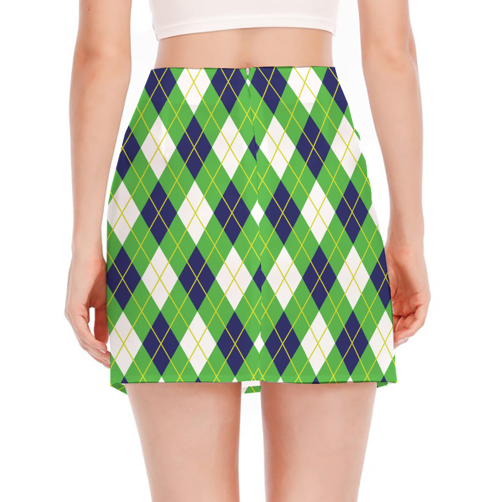 Green Navy And White Argyle Print Side Slit Mini Skirt