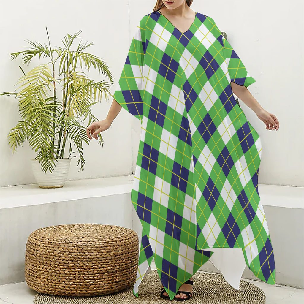Green Navy And White Argyle Print Silk V-Neck Kaftan Dress