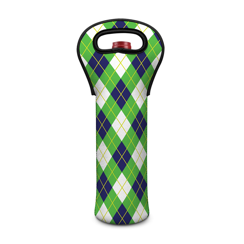 Green Navy And White Argyle Print Single Neoprene Wine Tote
