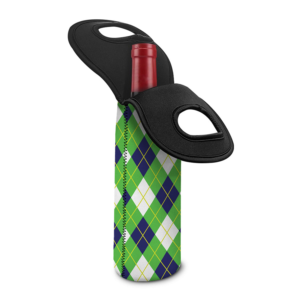 Green Navy And White Argyle Print Single Neoprene Wine Tote