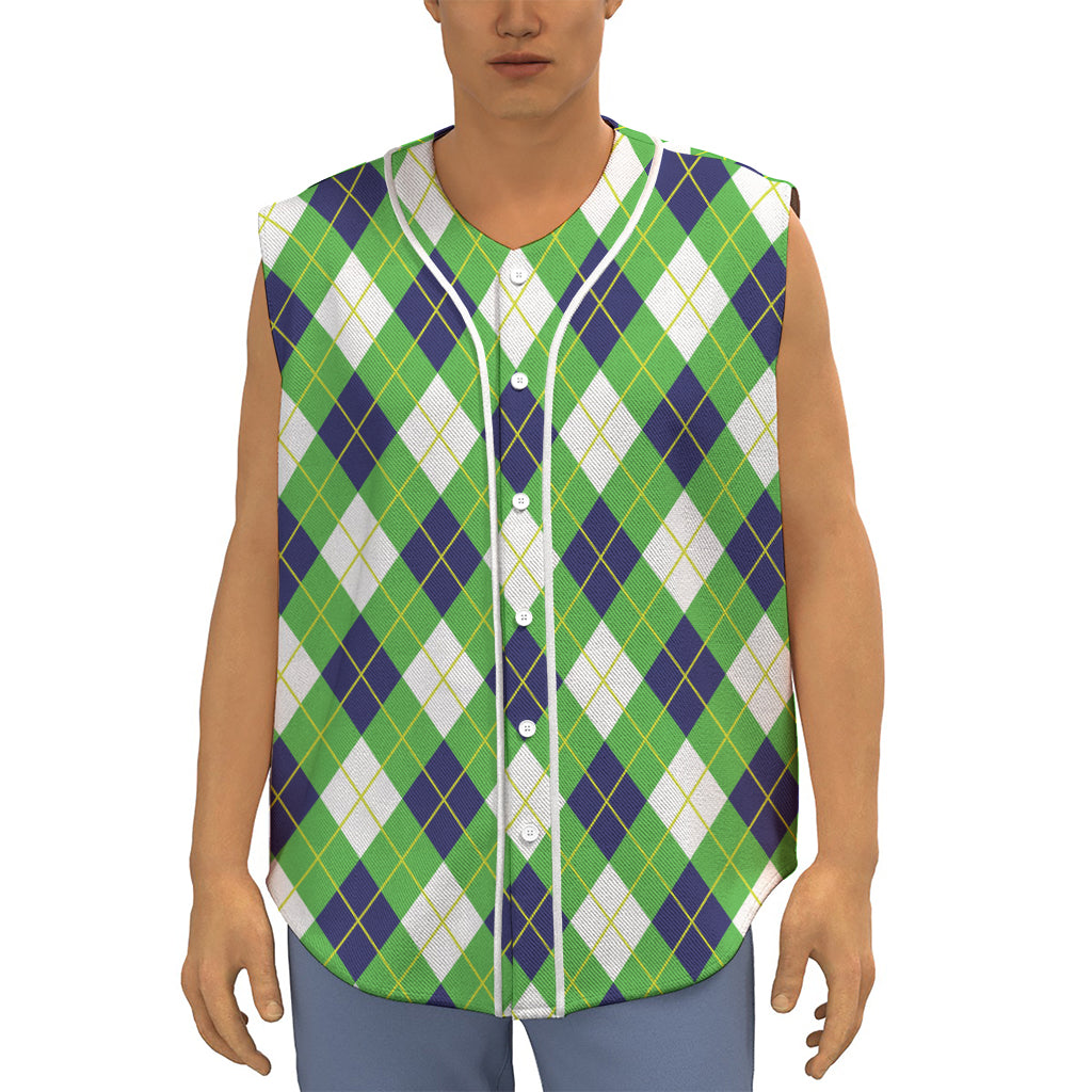 Green Navy And White Argyle Print Sleeveless Baseball Jersey