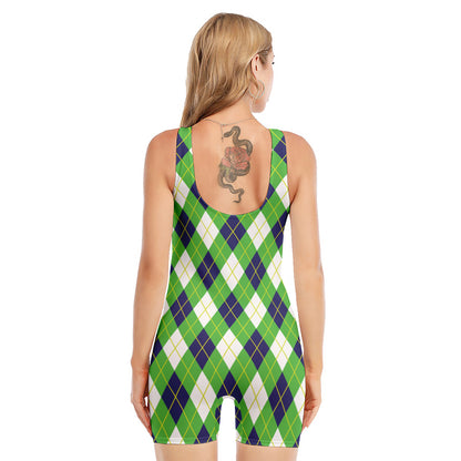 Green Navy And White Argyle Print Sleeveless One Piece Swimsuit