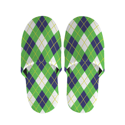 Green Navy And White Argyle Print Slippers