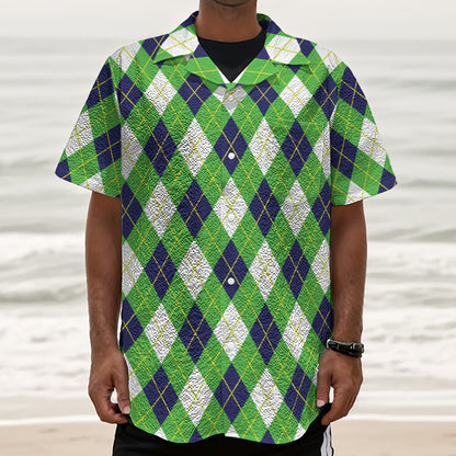 Green Navy And White Argyle Print Textured Short Sleeve Shirt
