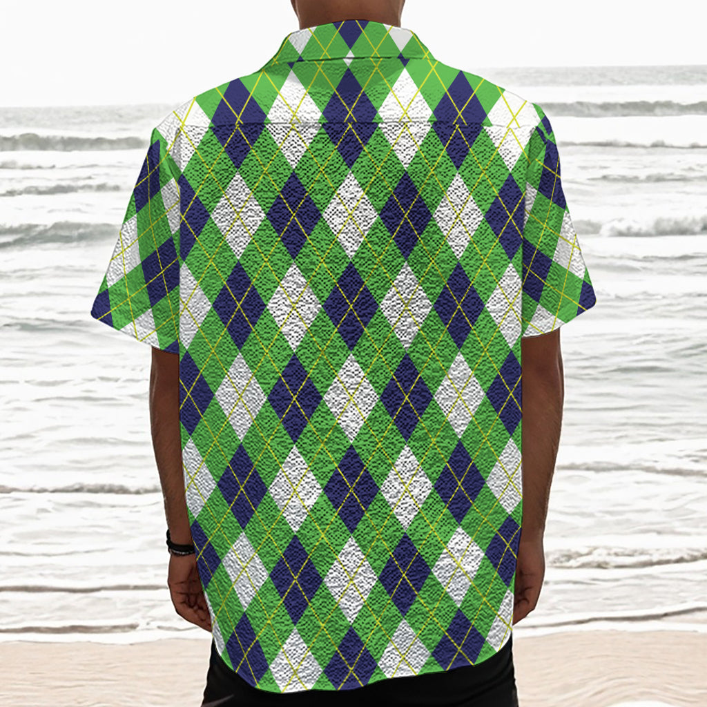 Green Navy And White Argyle Print Textured Short Sleeve Shirt