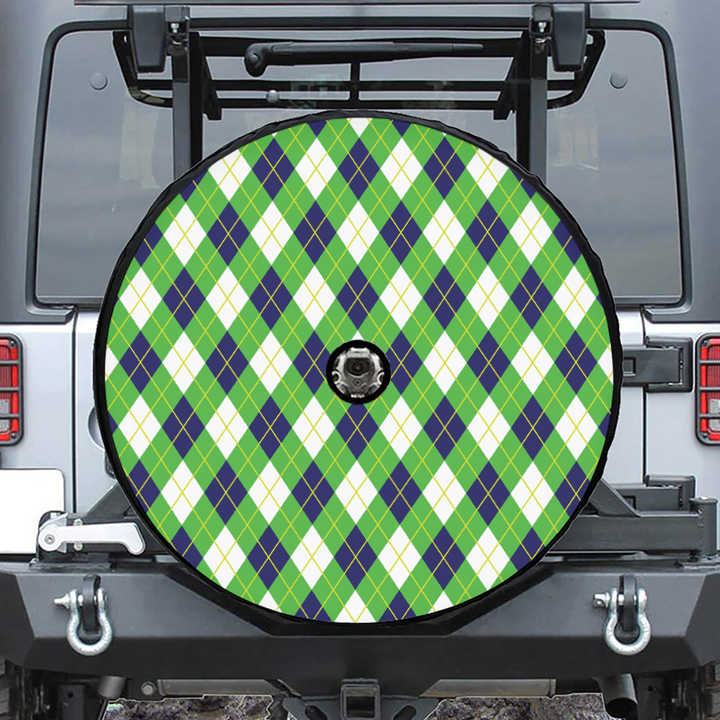 Green Navy And White Argyle Print Tire Cover With Camera Hole