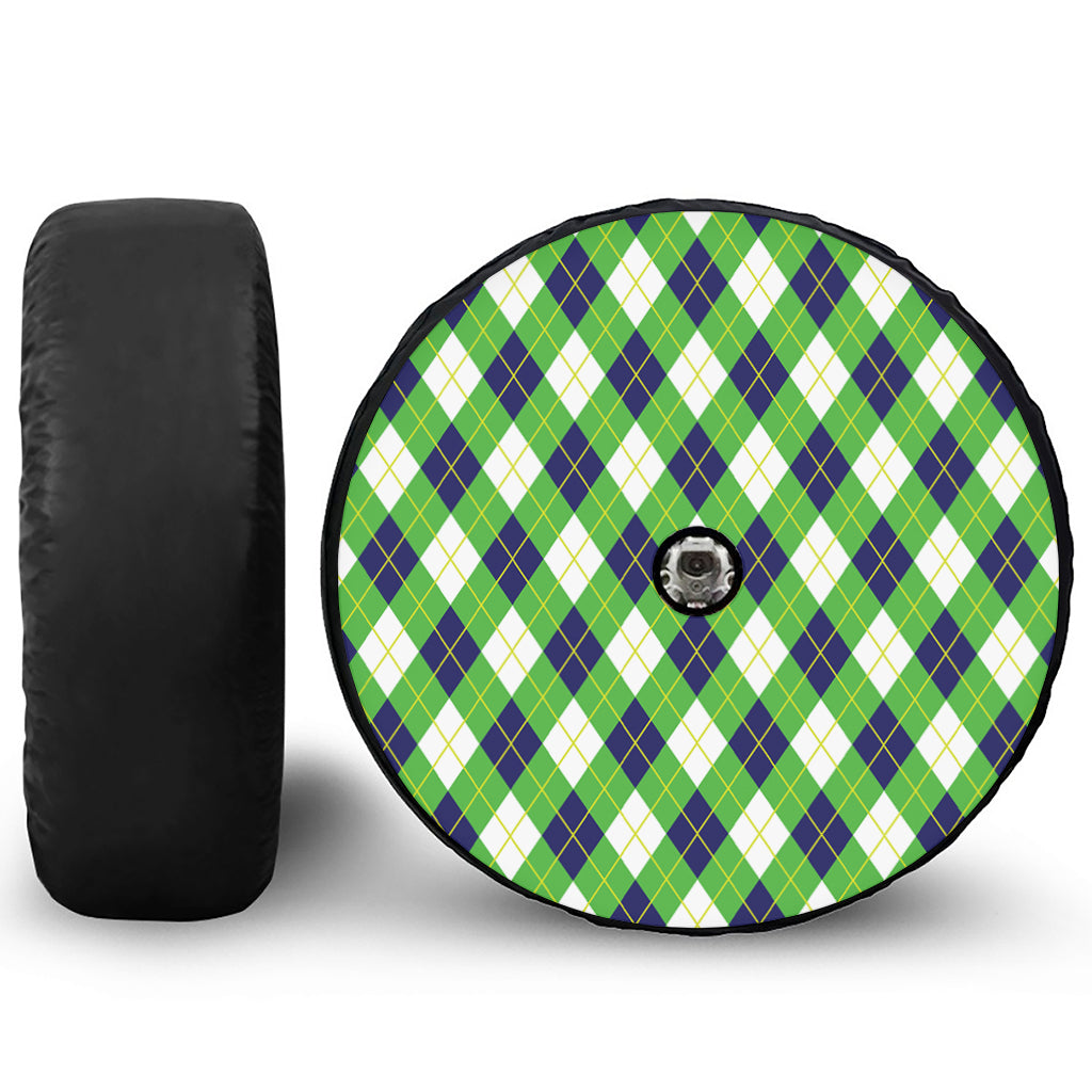 Green Navy And White Argyle Print Tire Cover With Camera Hole