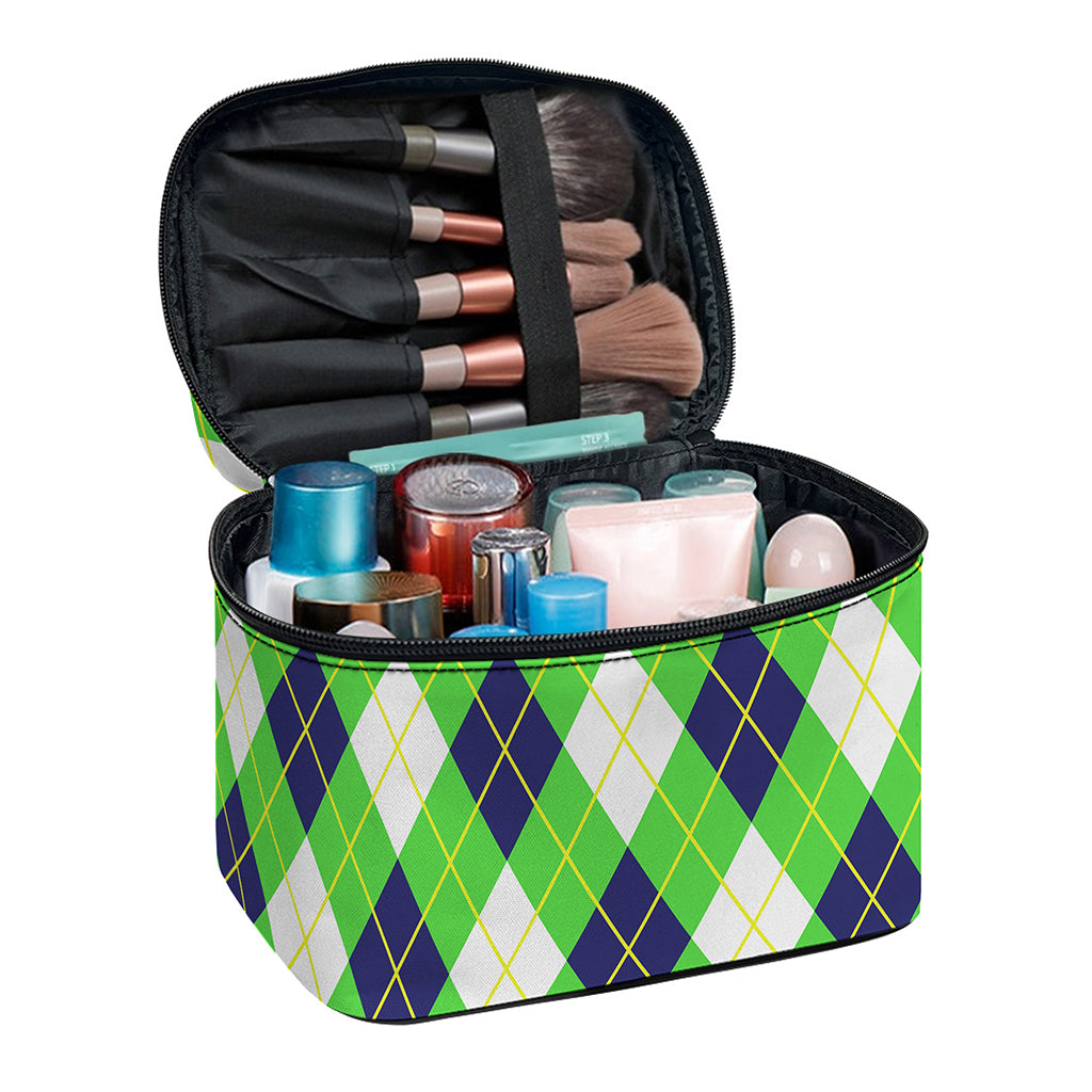 Green Navy And White Argyle Print Travel Makeup Bag