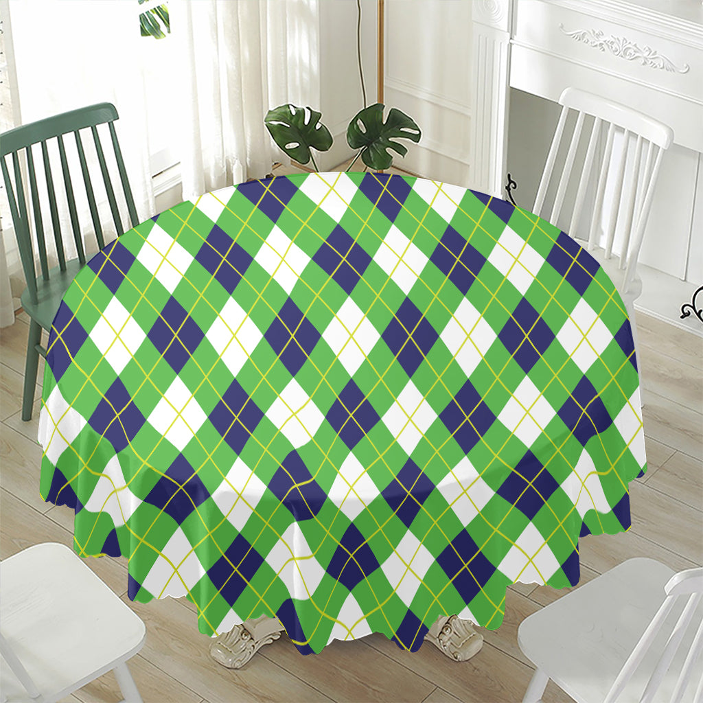 Green Navy And White Argyle Print Waterproof Round Tablecloth