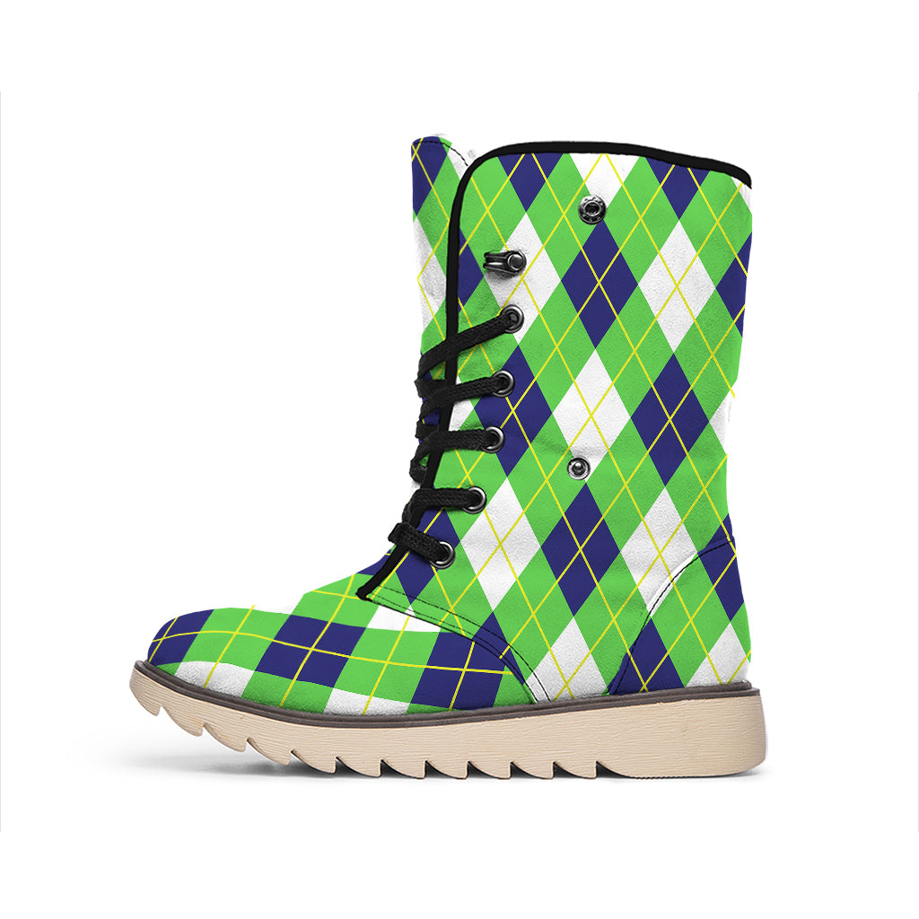 Green Navy And White Argyle Print Winter Boots