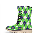 Green Navy And White Argyle Print Winter Boots