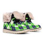 Green Navy And White Argyle Print Winter Boots
