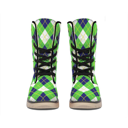 Green Navy And White Argyle Print Winter Boots