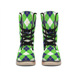 Green Navy And White Argyle Print Winter Boots