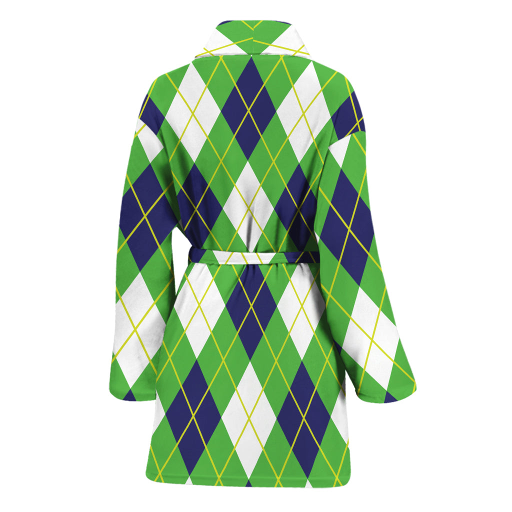 Green Navy And White Argyle Print Women's Bathrobe