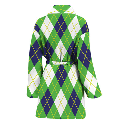 Green Navy And White Argyle Print Women's Bathrobe