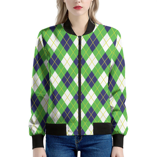 Green Navy And White Argyle Print Women's Bomber Jacket