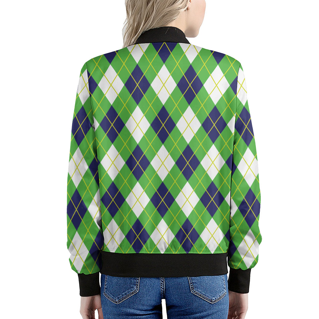 Green Navy And White Argyle Print Women's Bomber Jacket