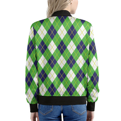 Green Navy And White Argyle Print Women's Bomber Jacket