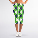 Green Navy And White Argyle Print Women's Capri Leggings