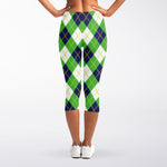 Green Navy And White Argyle Print Women's Capri Leggings