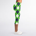 Green Navy And White Argyle Print Women's Capri Leggings