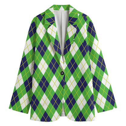 Green Navy And White Argyle Print Women's Cotton Blazer