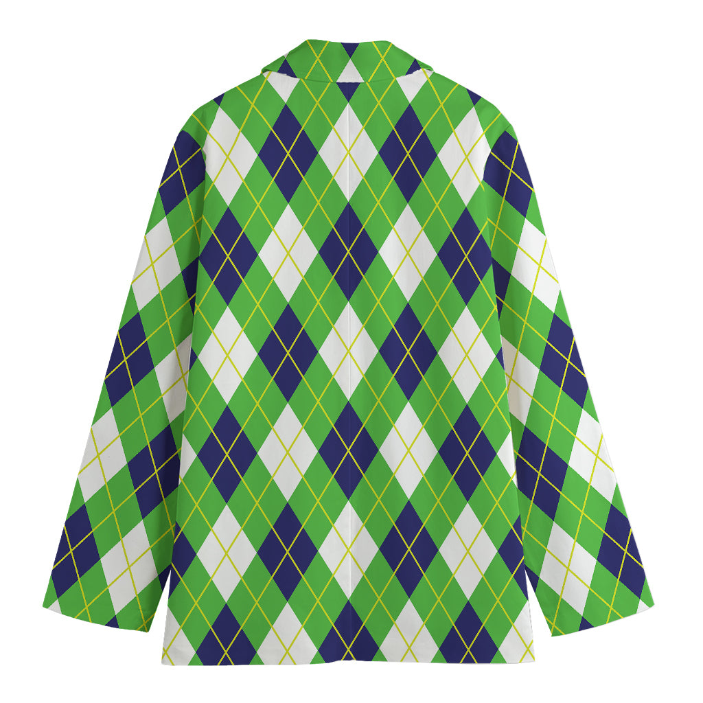 Green Navy And White Argyle Print Women's Cotton Blazer