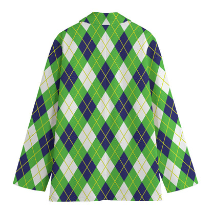 Green Navy And White Argyle Print Women's Cotton Blazer